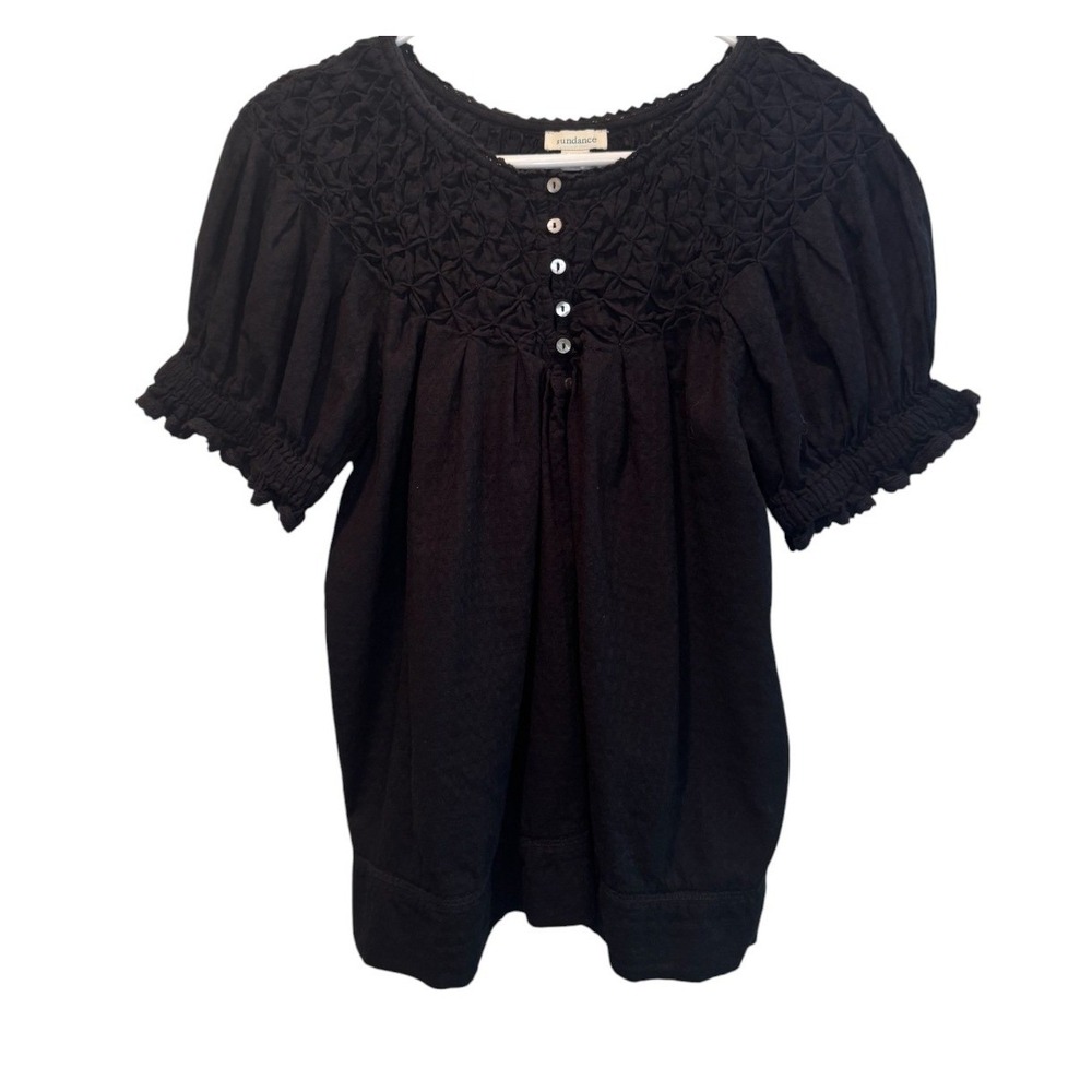 Sundance Womens Black Smocked Pintuck Short Sleeve Knit Top M Minimalist Basic